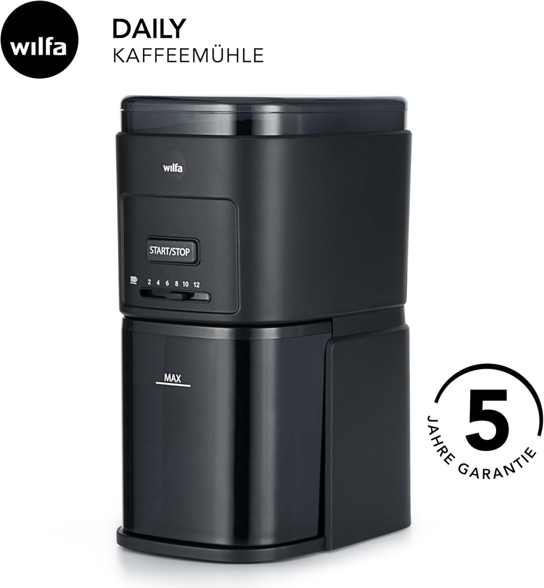 Wilfa DAILY Elektrische Kaffeemühle I Flachscheiben-Mahlwerk aus Edelstahl I 260g Bohnenbehälter I M
