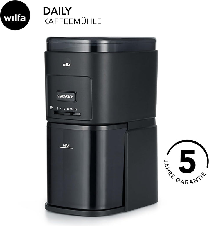Wilfa DAILY Elektrische Kaffeemühle I Flachscheiben-Mahlwerk aus Edelstahl I 260g Bohnenbehälter I M