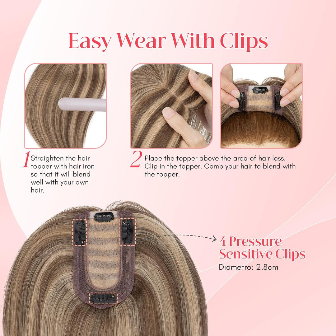 Elailite Hair Topper Echthaar #4P27 Mittelbraun/Honigblond 15cm Clip in Toupet Damen Extensions Haar