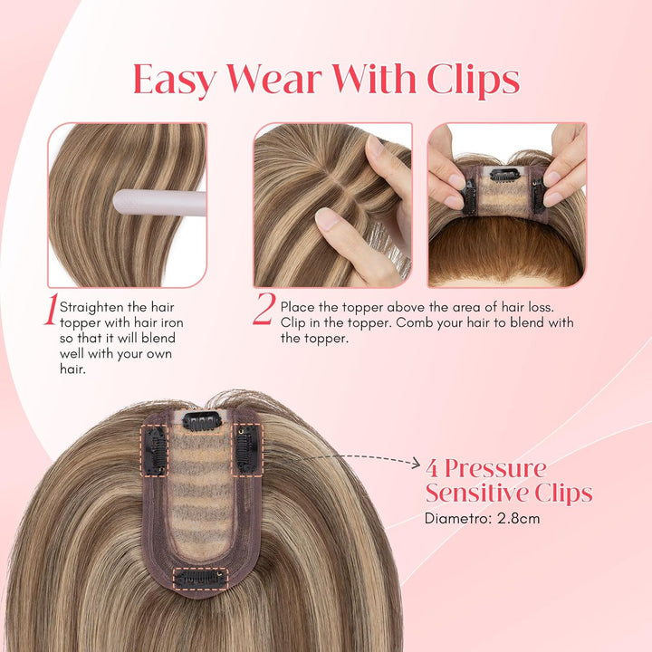 Elailite Hair Topper Echthaar #4P27 Mittelbraun/Honigblond 15cm Clip in Toupet Damen Extensions Haar