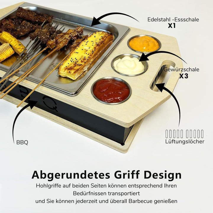 Fleischwarmhalter fürs Grillen, BBQ Board mit Edelstahl Schälchen, Umweltfreundliche Materialien, Gr