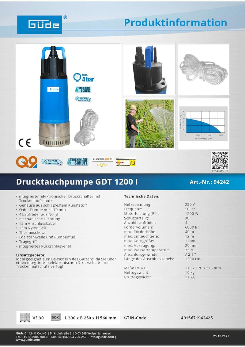 Drucktauchpumpe GDT 1200 I 1.200