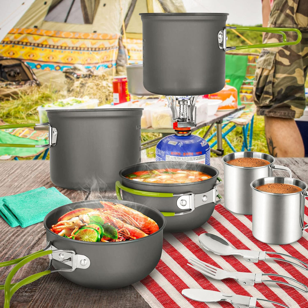 Odoland Camping Geschirr Set 16 PCS für 2 Personen Outdoor Kochgeschirr aus Aluminium und Edelstahl