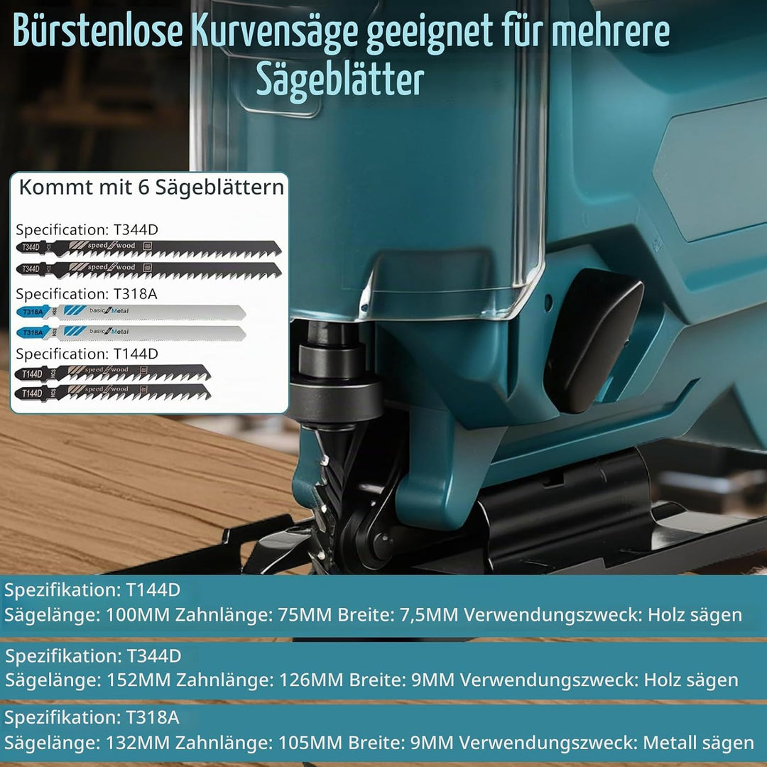 Stichsäge Kompatibel mit Makita 18V Akkus, Bürstenlose Pendelhub Stichsäge, 26 mm Hubhöhe 45° Schräg
