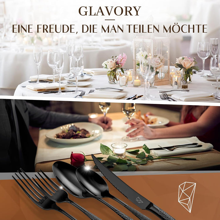 Glavory Aurora - Besteck Set Schwarz gestanzt - Besteck für 6 Personen 30teilig - rostfreier 18/8 Ed