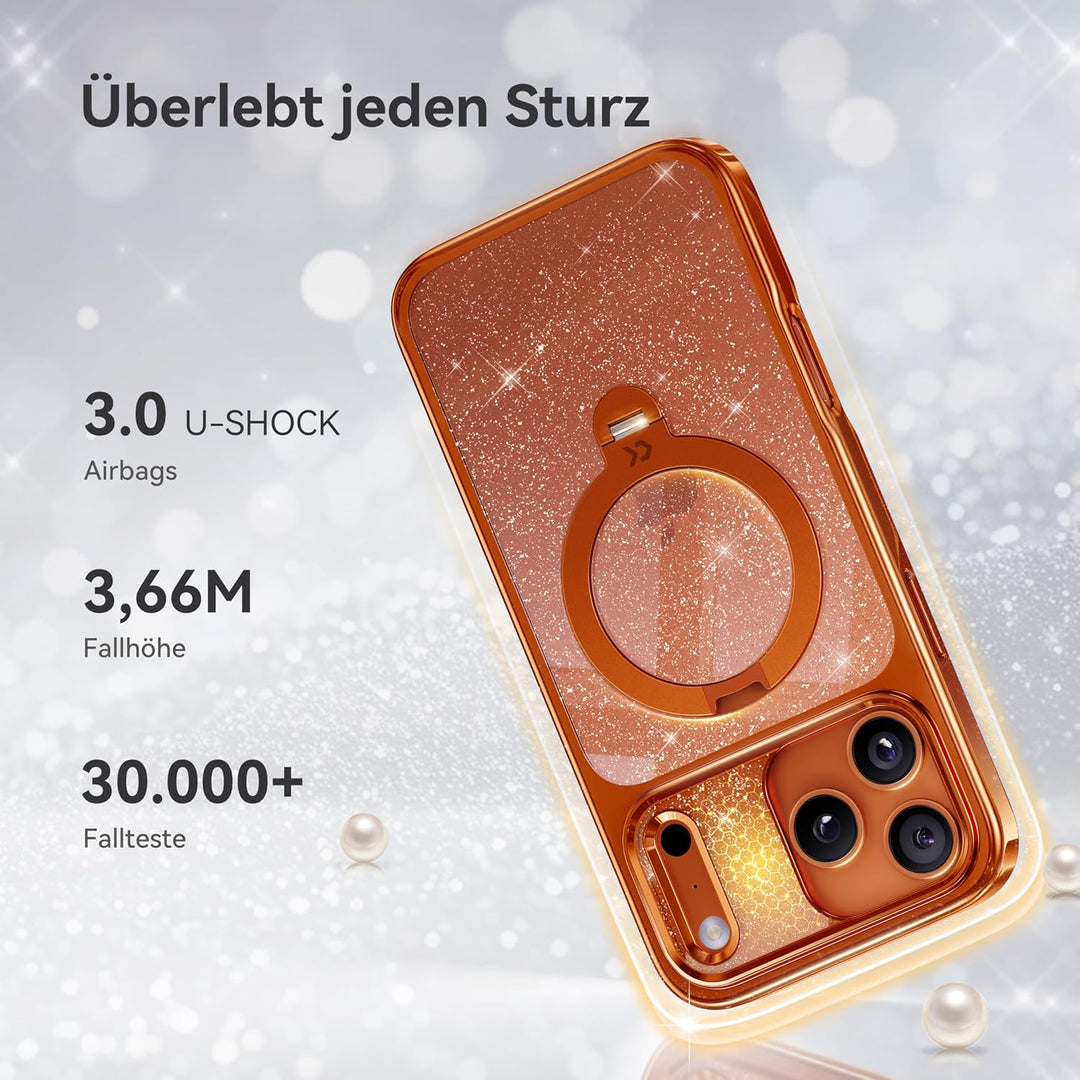 CASEKOO Glitzer Orange für iPhone 17 Pro Max Hülle für MagSafe [360 Drehständer] [Kameraschutz & Mil