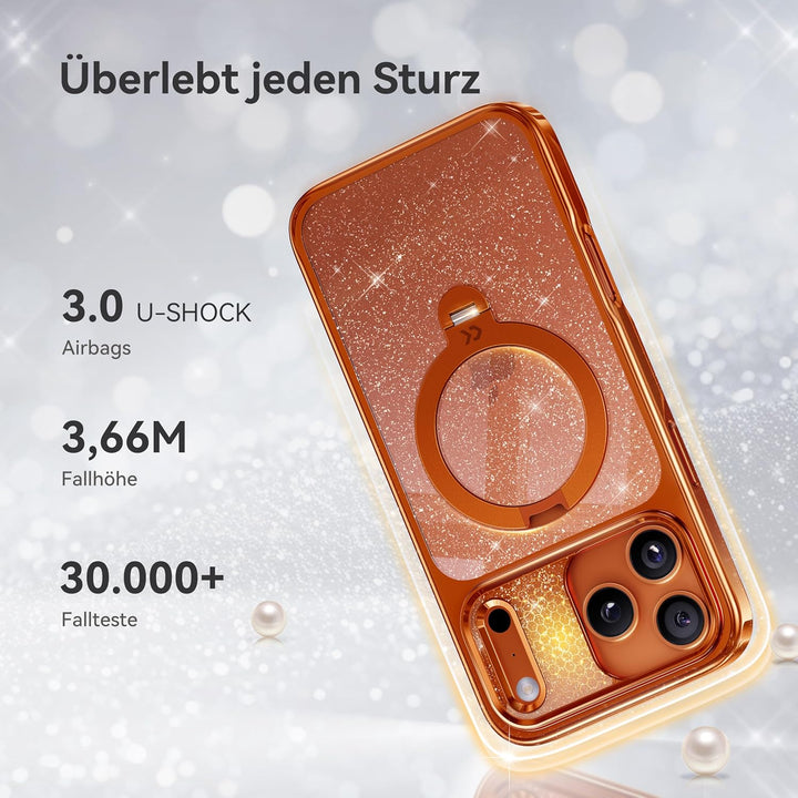 CASEKOO Glitzer Orange für iPhone 17 Pro Max Hülle für MagSafe [360 Drehständer] [Kameraschutz & Mil