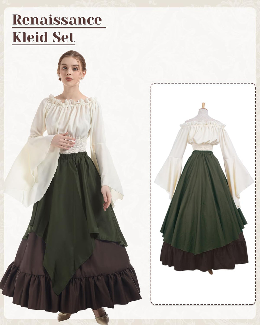 Renaissance Kleid Damen Mittelalter Kleidung Kostüme Fasching Set, Grün+braun S