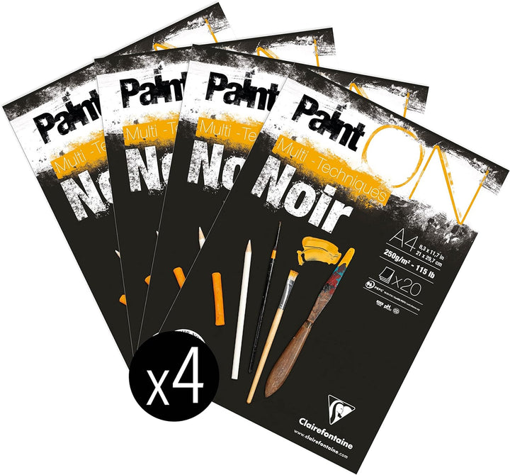 Clairefontaine 975169C - Packung mit 4 Blöcken Paint´ON Noir, DIN A4, kopfseitig geleimt, 20 Blatt,