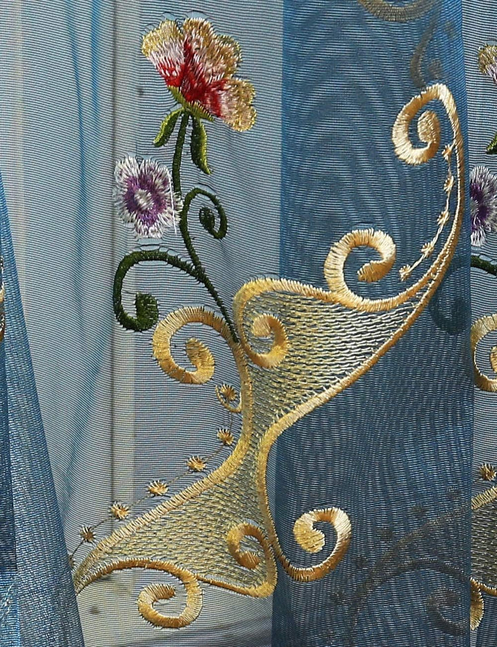 Lactraum Vorhänge Wohnzimmer Transparent Blau mit Ösen Bestickt Wasserfee Blumen Voile 300 x 245cm 3