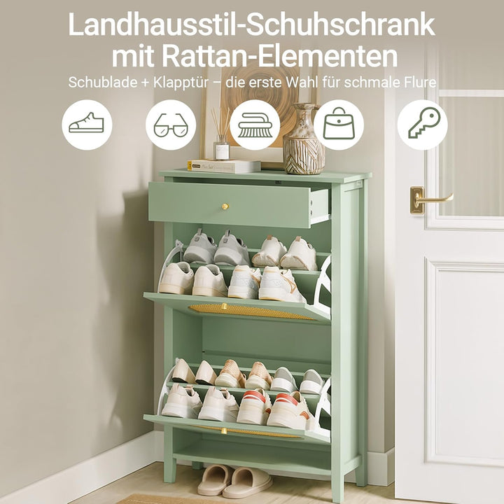 SoBuy Schuhschrank Schmal - 2 Türen 1 Schublade 62x25x97cm Flur | Schuhkipper Aus MDF Mit Rattan-Tür