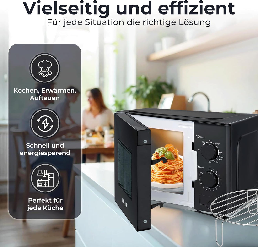 KLAMER Mikrowelle 20 Liter, 700 Watt, 9 Leistungsstufen inklusive Grill- und Auftaufunktion, 35-Minu