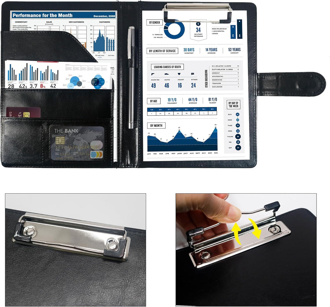 Schreibmappe A5 Klemmbrett Mappe mit Magnetischer Verschluss, organizer büro mappe, Schwarz Ordner,