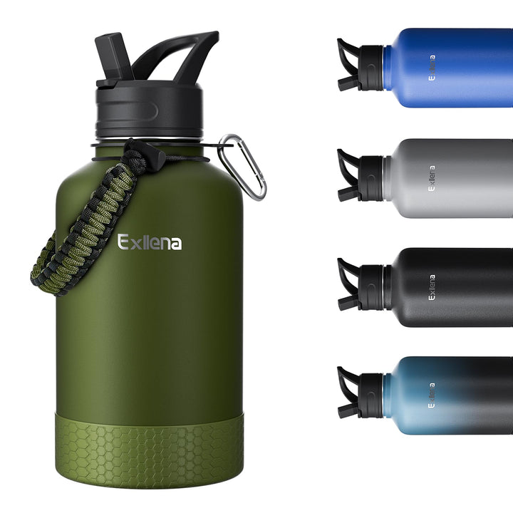 Exllena 2 Liter Edelstahl Wasserflasche, doppelt isolierte Wasserflaschen mit zwei Deckeln und schüt