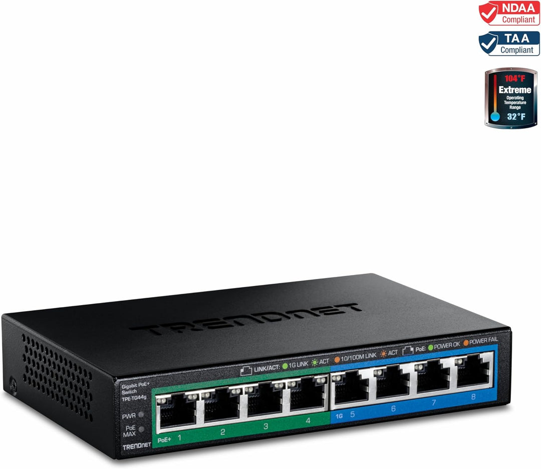 TRENDnet TPE-TG44G 8-Port Gigabit GREENnet PoE + Switch, 4 x Gigabit PoE / PoE + Bis zu 30 Watt / Po