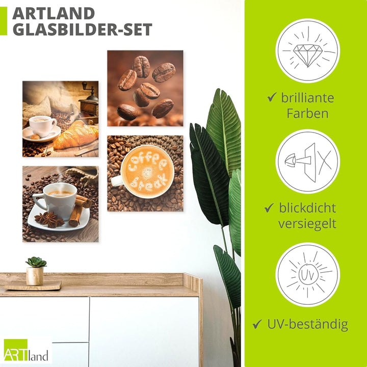 ARTland Glasbilder Wandbild Glas Bild Set 4 teilig je 20x20 cm Quadratisch Kaffee Cafe Coffee Kaffee