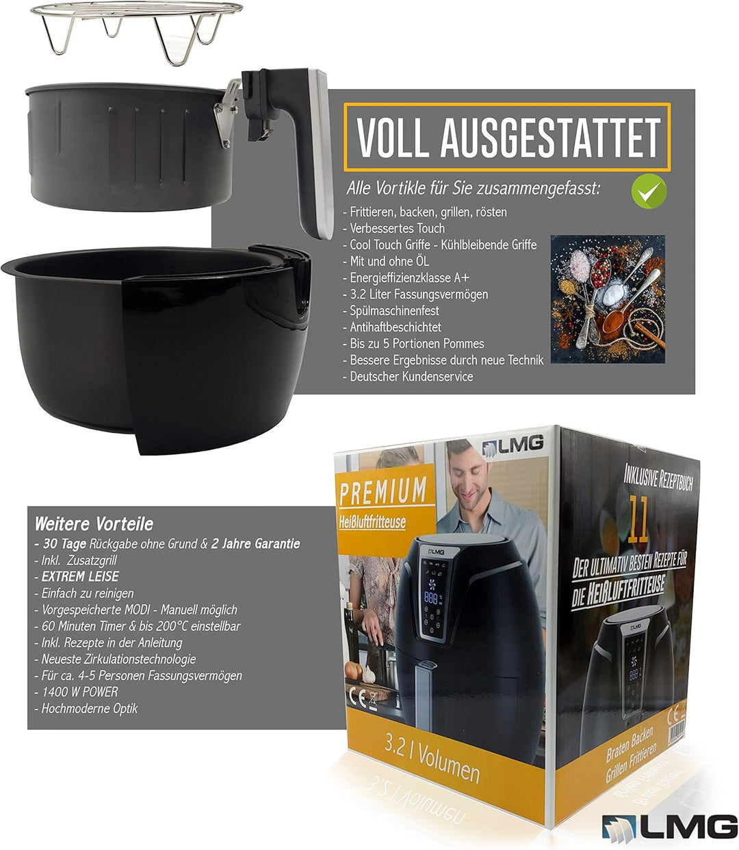 Heissluftfritteuse Premium 3.2L - Airfryer Mit Touch-Bedienfeld, Neueste Technik, 100% knusprig mit