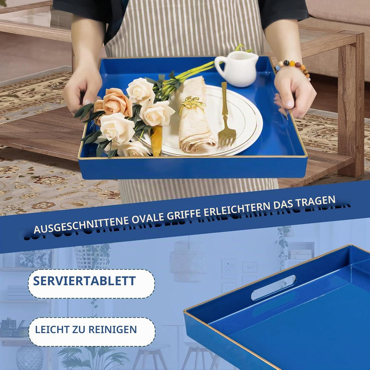 Dekoratives Tablett, königsblaues Serviertablett mit Griffen, Couchtisch-Tablett, quadratisches Kuns