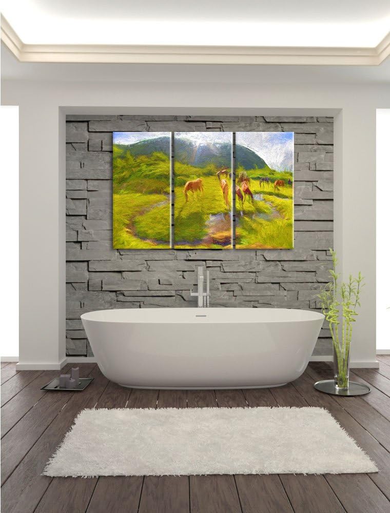 Pixxprint Wildpferde auf Wiese als Leinwandbild/Grösse: 3 Teilig (120x80) cm/Wandbild/Kunstdruck/fer