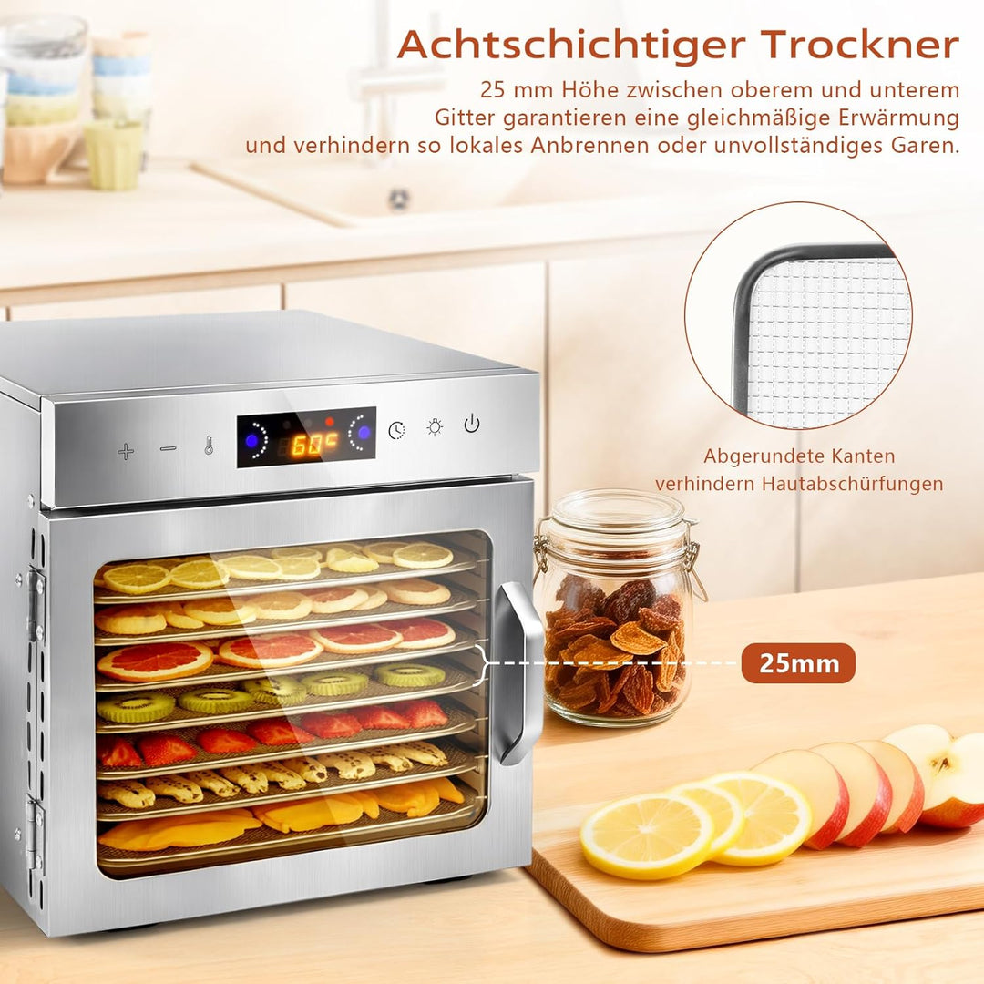Dörrautomat Edelstahl mit 8 Stainless Steel Grids und 8 er Dörrfolie, BPA-frei, Einstellbare Tempera