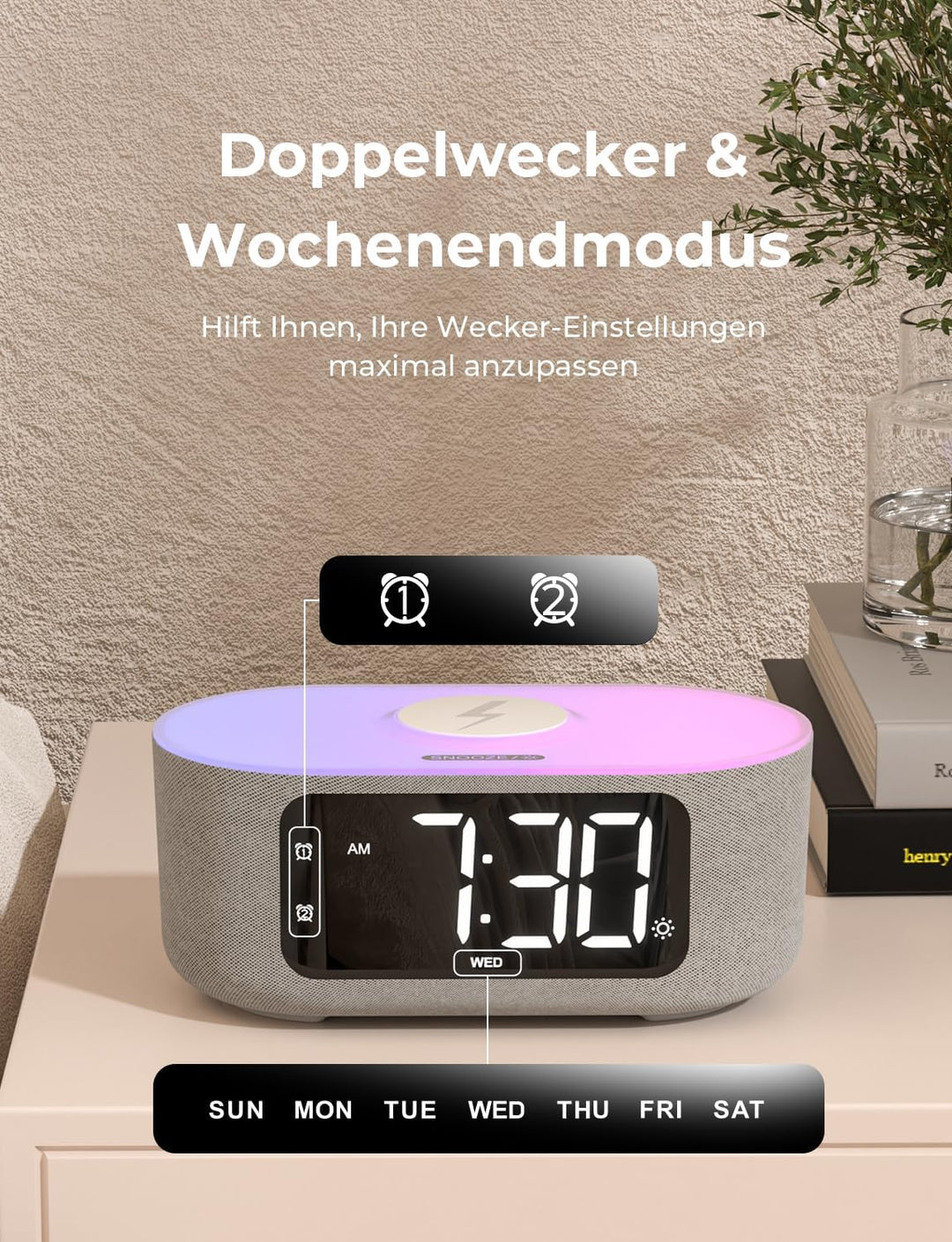 LIORQUE Digitaler Radiowecker mit Kabelloser Ladestation, Bluetooth Wecker mit Licht, 15W Fast Wirel