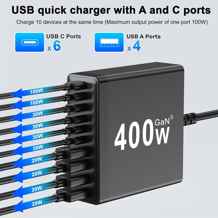 400W USB C Ladegerät Mehrfach, GaN V 10 Ports USB Ladegerät Mehrfach, 400W 10-Port Schnellladegerät