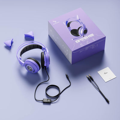 SOMiC G951S Violett Gaming Headset mit Mikrofon, Mädchen, Frauen Abnehmbarer Cat-Ear-Kopfhörer mit L