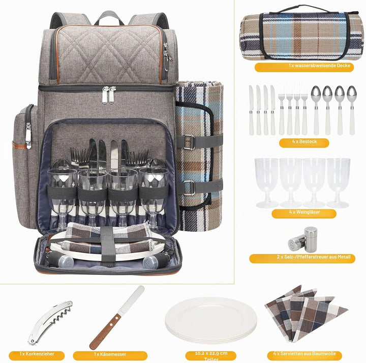 Picknick-Rucksack für 4 Personen, Picknickkorb-Set, auslaufsichere Picknicktasche, Strandkühlrucksac