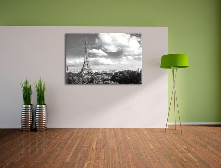 Pixxprint Riesiger Eiffelturm in Paris Kohle Zeichnung Effekt, Format: 100x70 auf Leinwand, XXL ries