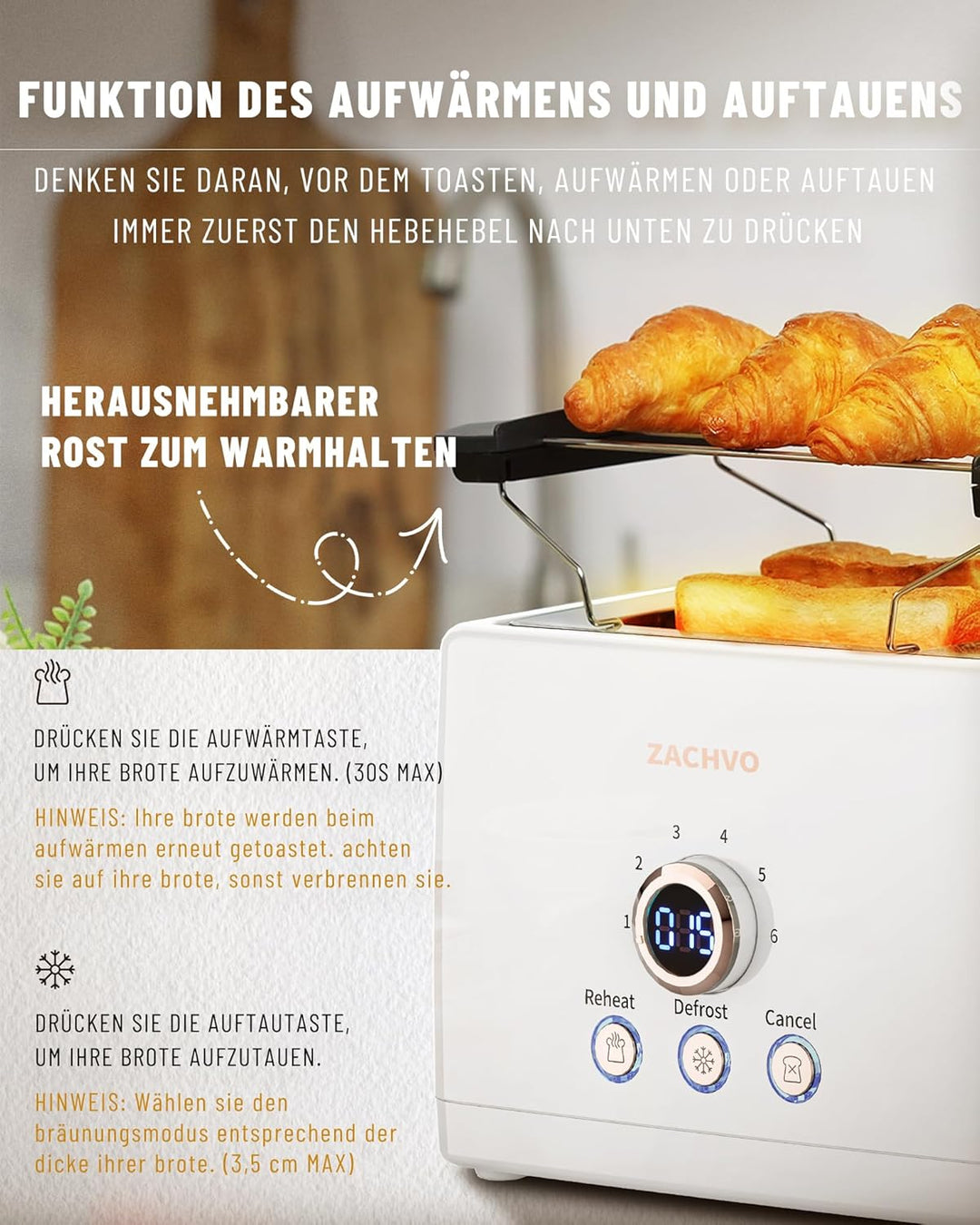 Toaster 2 Scheiben, ZACHVO Toaster mit Brötchenaufsatz, 6 Bräunungsstufe, 850W Herausnehmbare Krümel