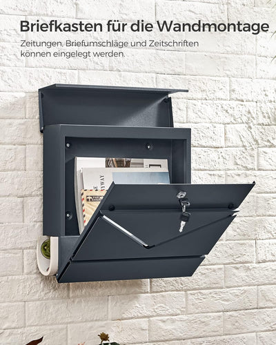 SONGMICS Briefkasten, V-förmiges Sichtfenster, Wandbriefkasten, mit Schloss und Deckel, Zeitungsfach