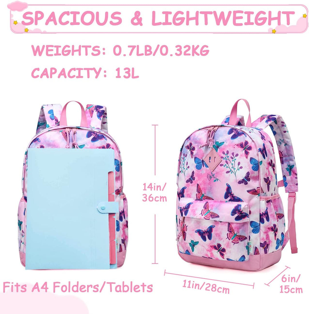 VASCHY Mädchen Schulrucksack 4-6 Jahre Schulrucksack mit Seitentaschen und Brustgurt 148-schmetterli