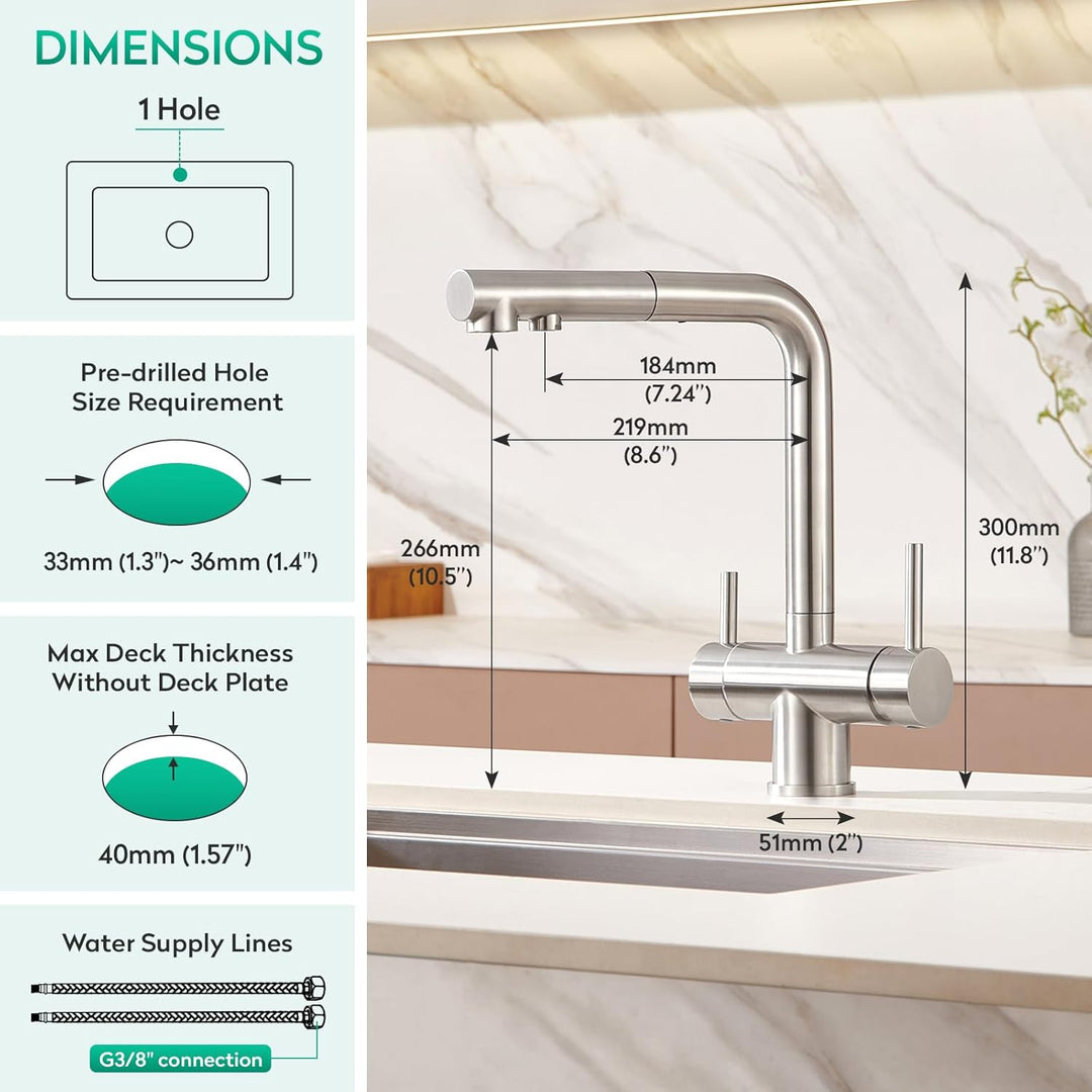 CREA 3 Wege Wasserhahn Küche mit Brause, Trinkwasserhahn mit 360° Drehbarkeit, Drei Wege Mischbatter