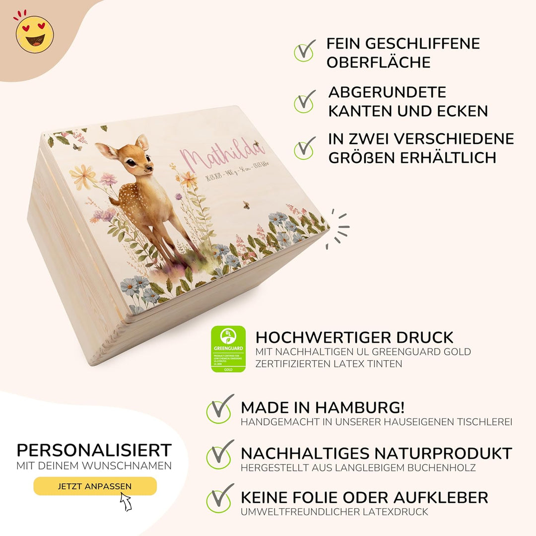 KIDSMOOD - Erinnerungsbox Baby, personalisierte Holzkiste mit Deckel, Ideal zur Aufbewahrung von Eri