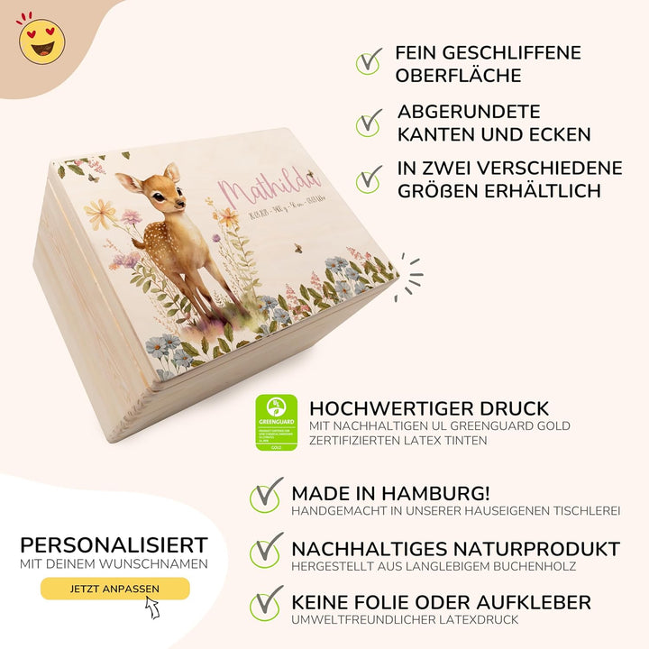 KIDSMOOD - Erinnerungsbox Baby, personalisierte Holzkiste mit Deckel, Ideal zur Aufbewahrung von Eri