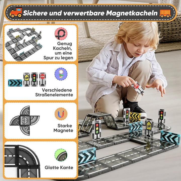 Magnetische Bausteine Strassenset, 52 Stück Magnet Fliesen Spiel Stadt Strassen, Magnetic Road Tiles