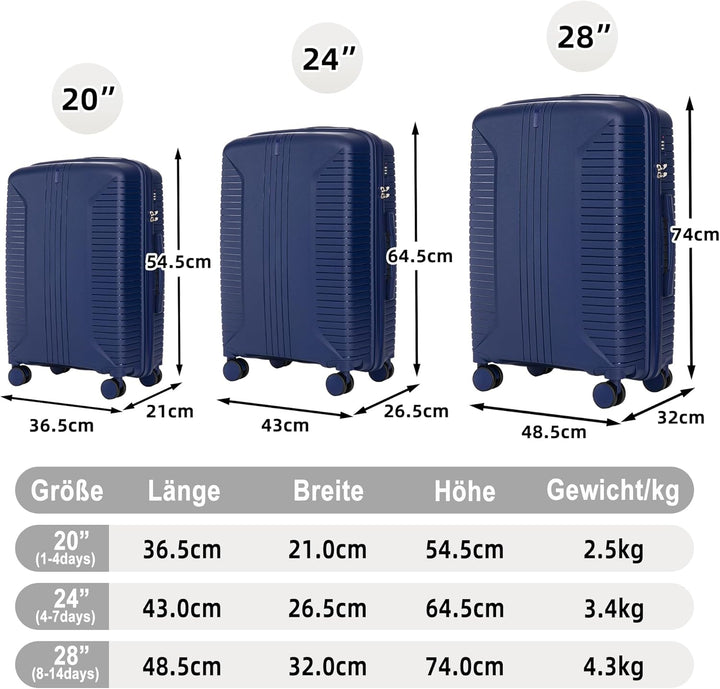 Hartschalen-Koffer Trolley Handgepäck Rollkoffer, Reisekoffer Set mit 4 Rollen, 3er Gepäckset, Blau