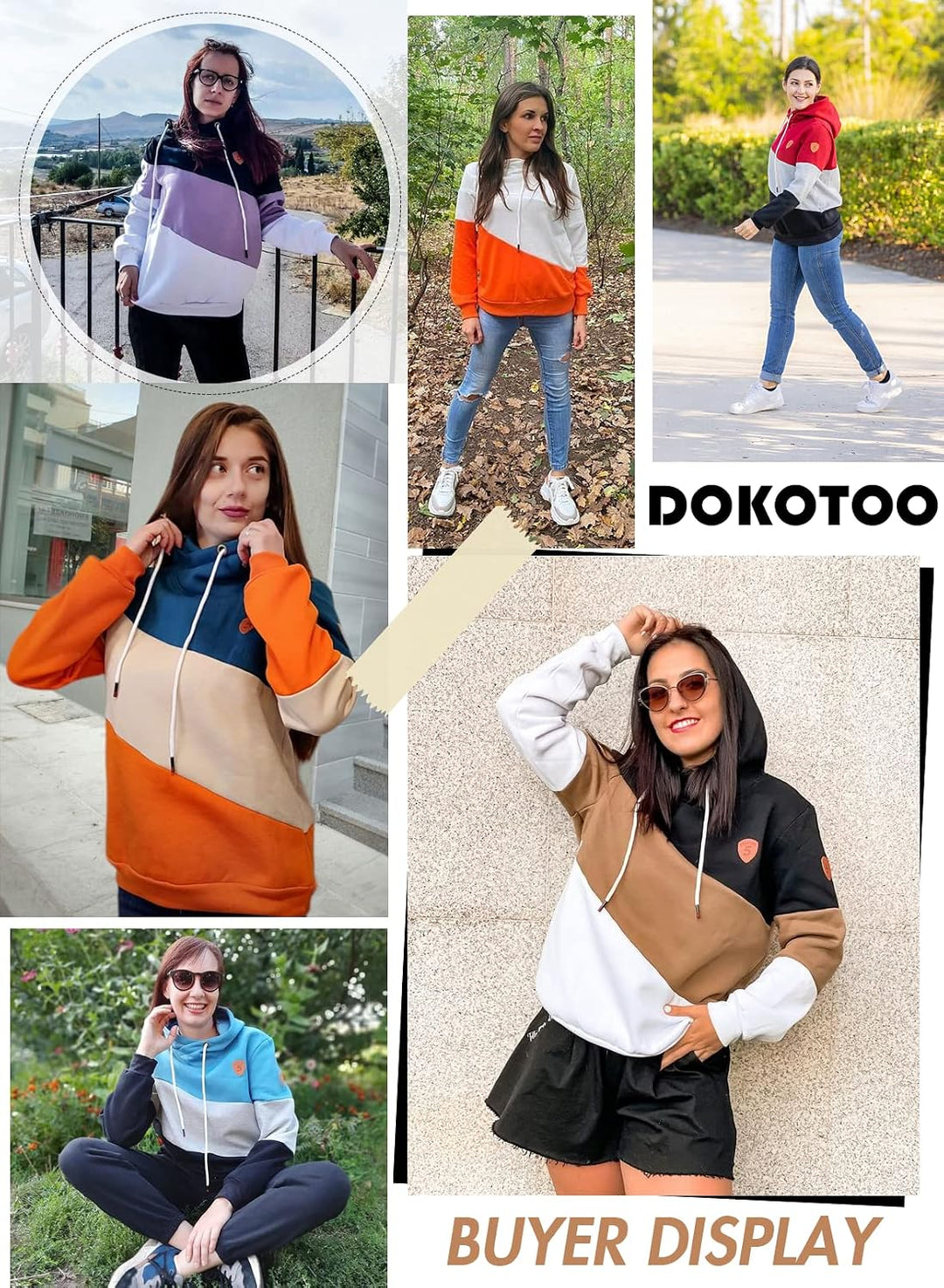 Dokotoo Damen Kapuzenpullover Stehkragen Hoodie Pullover Farbblock Sweatshirt Langarmshirt Oberteile