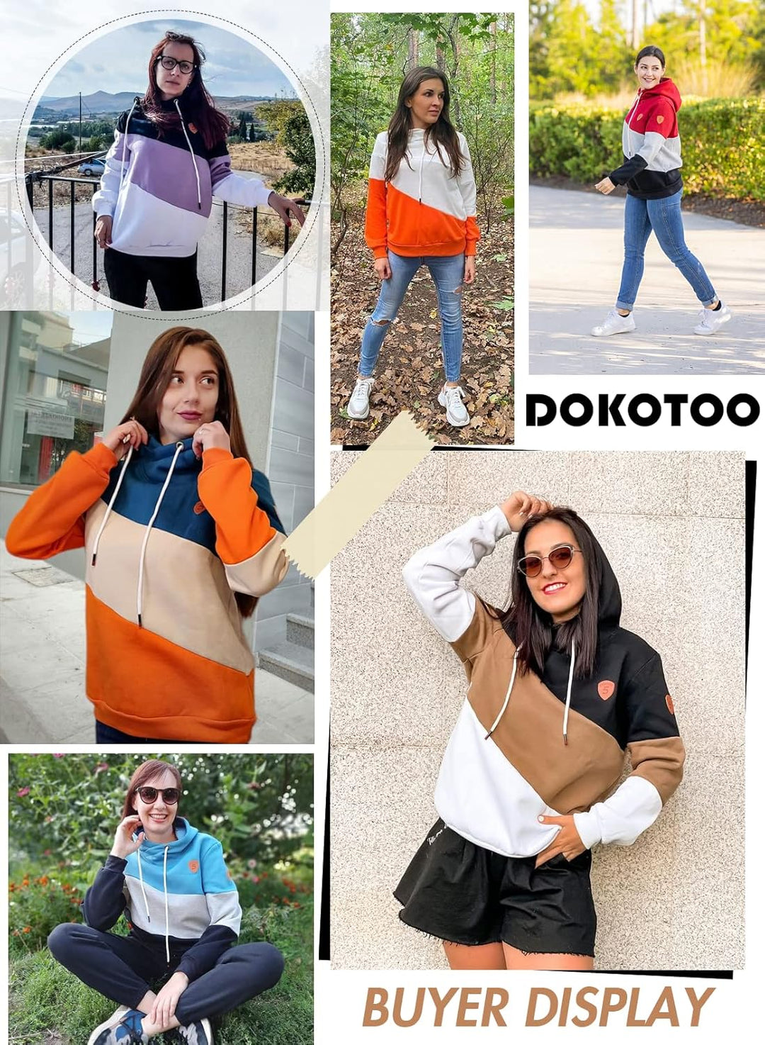 Dokotoo Damen Kapuzenpullover Stehkragen Hoodie Pullover Farbblock Sweatshirt Langarmshirt Oberteile