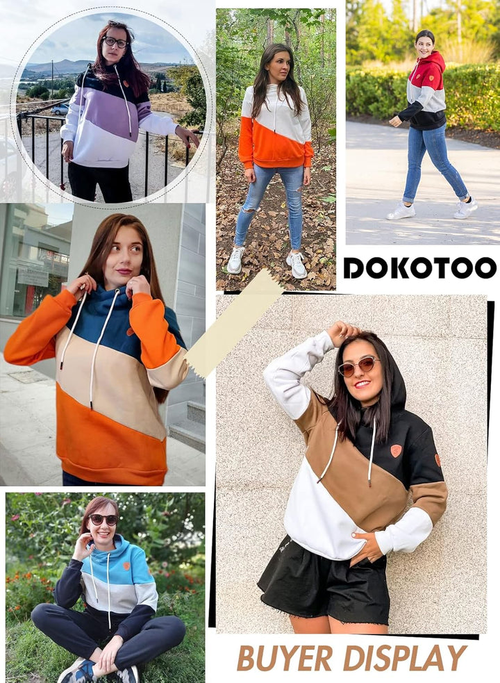 Dokotoo Damen Kapuzenpullover Stehkragen Hoodie Pullover Farbblock Sweatshirt Langarmshirt Oberteile