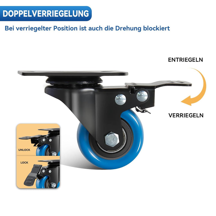 50mm Blaue Möbelrollen - 4er Set Lenkrollen bis 300KG Industrierollen mit Bremsen inklusive Montagez