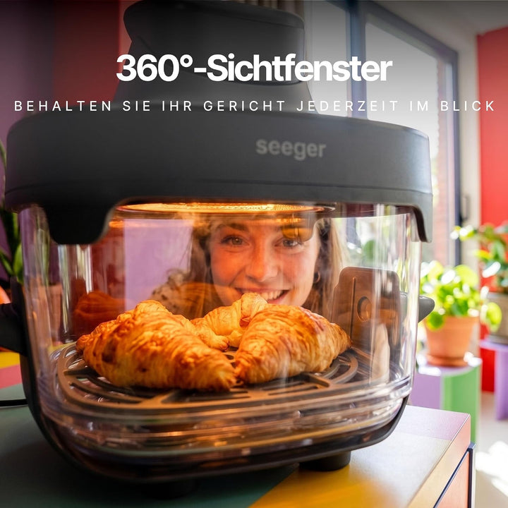 Seeger ClearFry Glas Heissluftfritteuse mit 6 Zubereitungsfunktionen | PFAS-Frei, 2 Glasbehälter (4.