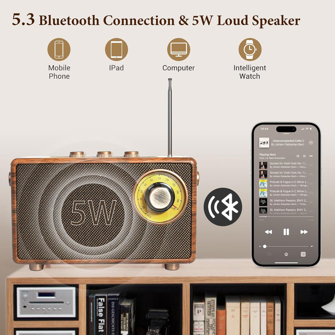 COLSUR Klassischem Retro Bluetooth Lautsprecher,Outdoor Holz Tragbarer Lautsprecher mit Nostalgie Vi