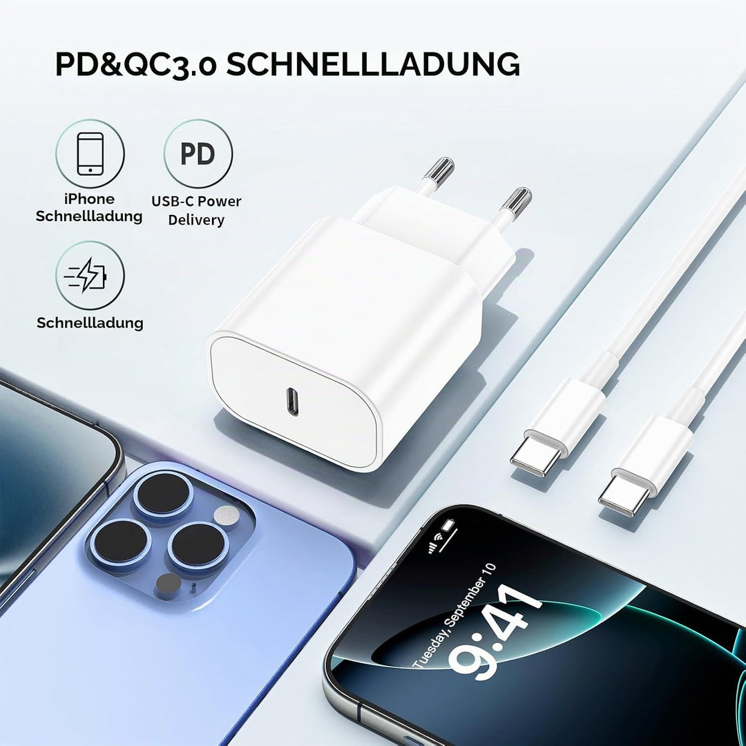 2Pack iPhone 17 16 15 Ladegerät, USB C Power Adapter mit 2M Ladekabel, Schnellladegerät iPhone Charg
