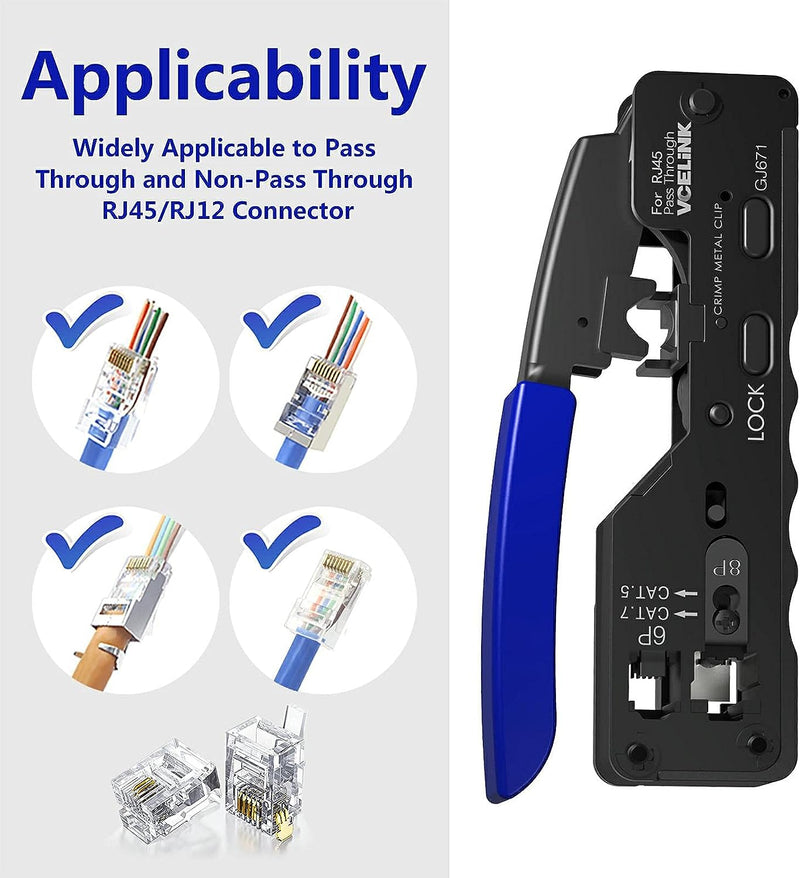 VCELINK GJ671BL Crimpzange RJ45 Presszange für RJ45 Stecker mit Cat 7 Cat6A Lan Stecker Pass Through