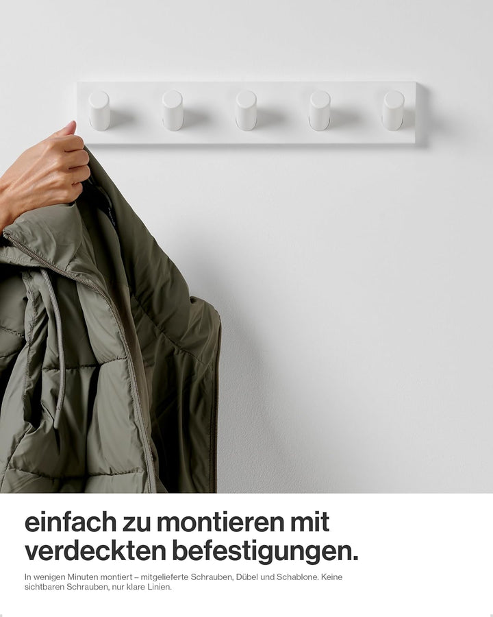 LARHN Garderobenleiste Weiss mit 5 Haken XL (2 Stk.), 42cm - Wandgarderobe, Jackenhalter Wand, Haken