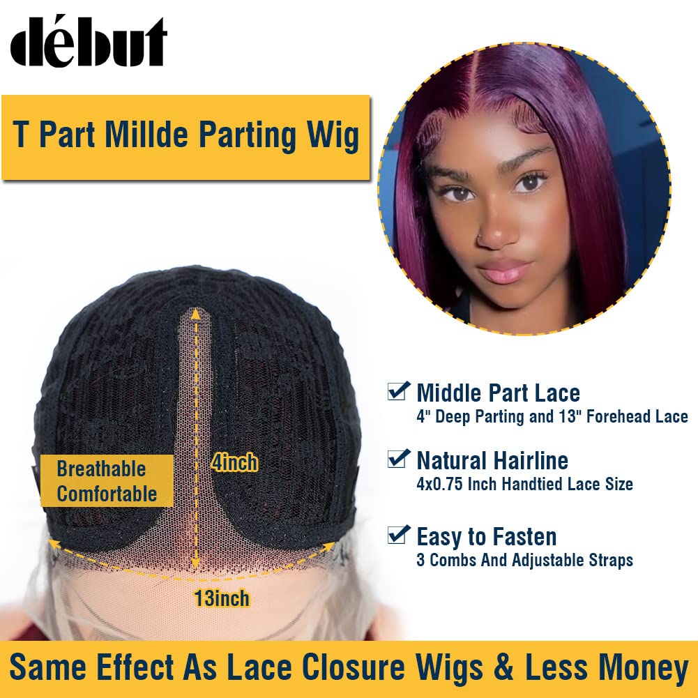 DÉBUT Glatte Bob Perücke, Echthaar, T-Teil, Spitzenfront, Bob-Perücke, vorgezupft, mit Babyhaar, 150