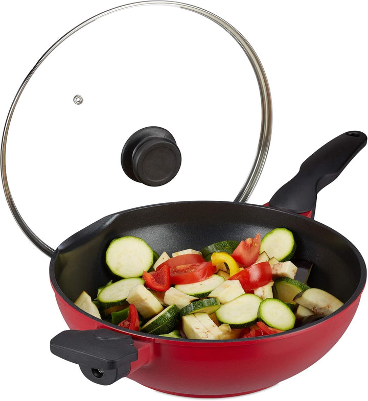 Relaxdays Wokpfanne mit Glasdeckel, 30 cm, Wok mit Antihaftbeschichtung, Gas- & Elektroherd, Griff,