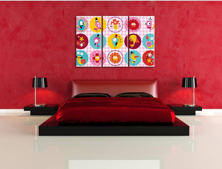 Pixxprint Lustige Tiere und Pflanzen als Leinwandbild/Grösse: 3 Teilig (120x80) cm/Wandbild/Kunstdru