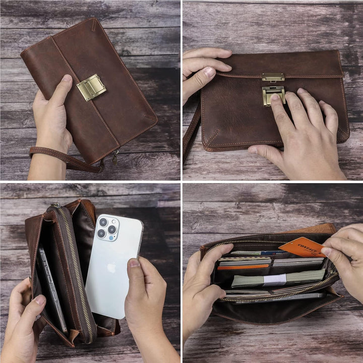 Contacts Herren-Leder-Clutch Geschäftsreise Reissverschluss-Clutch mit Zahlenschloss Lange Retro-Bri
